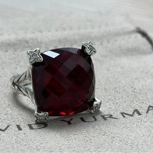 Auth David Yurman Cushion on Point 20mm Red Garnet and Diamond Ring 7.5 w/pouch